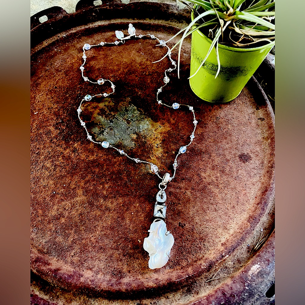 Biwa Pearl With Topaz 925 Silver Drop On Artisan Handmade Crystal Bead Necklace 25$